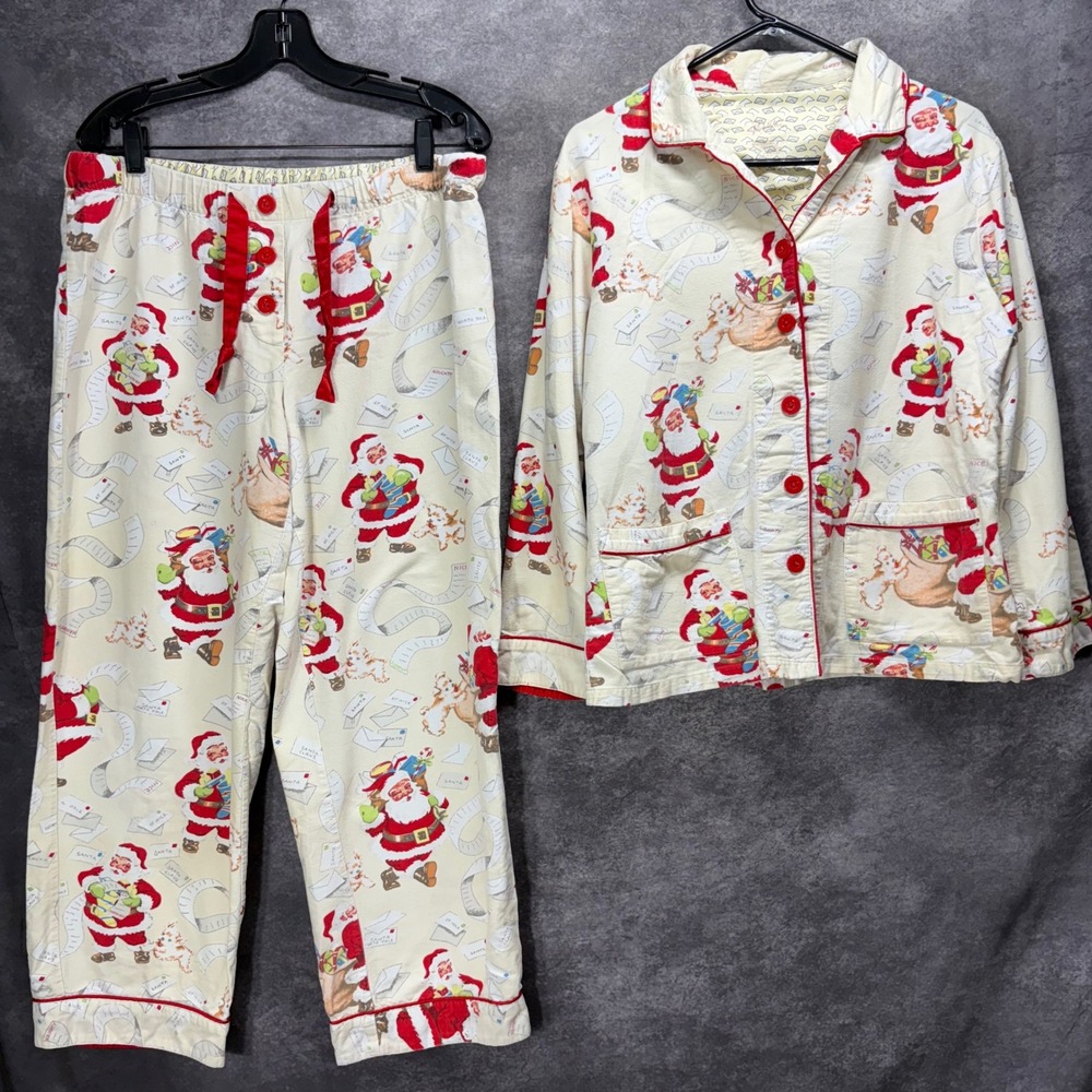 Nick & Nora Santa Claus Christmas Pajamas Set Top Pants Women's M White Flannel